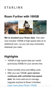 starlink email 50 100gb roam upgrade screenshot