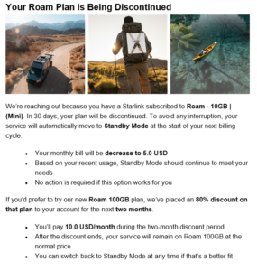 starlink email roam 10gb plan discontinued screenshot january 2026