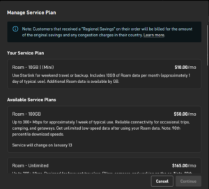 starlink roam 100gb existing user