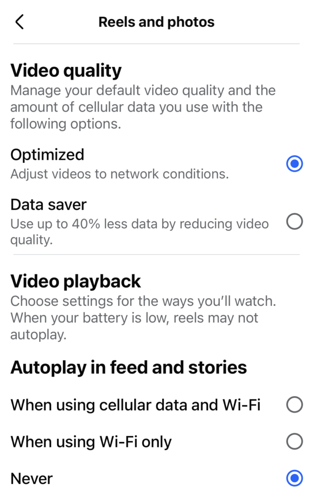 Facebook video settings