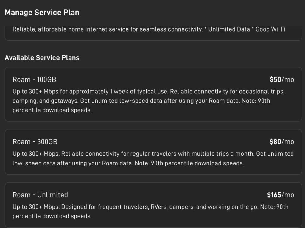 starlin plan switch screenshot roam plan options may 2026