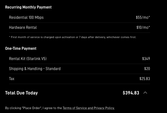 Starlink Ordering Flow - Upfront Cost + Rental Fee